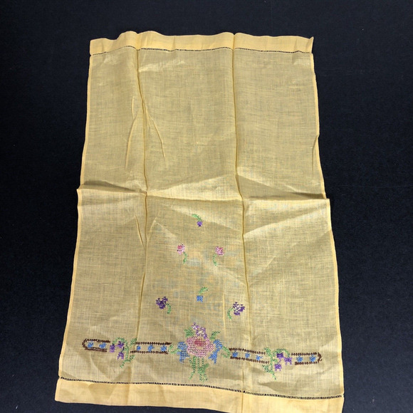 Vintage Tea Towel Yellow Cross Stitch Flowers Retro Shabby Chic Small Embroidery - Picture 7 of 8